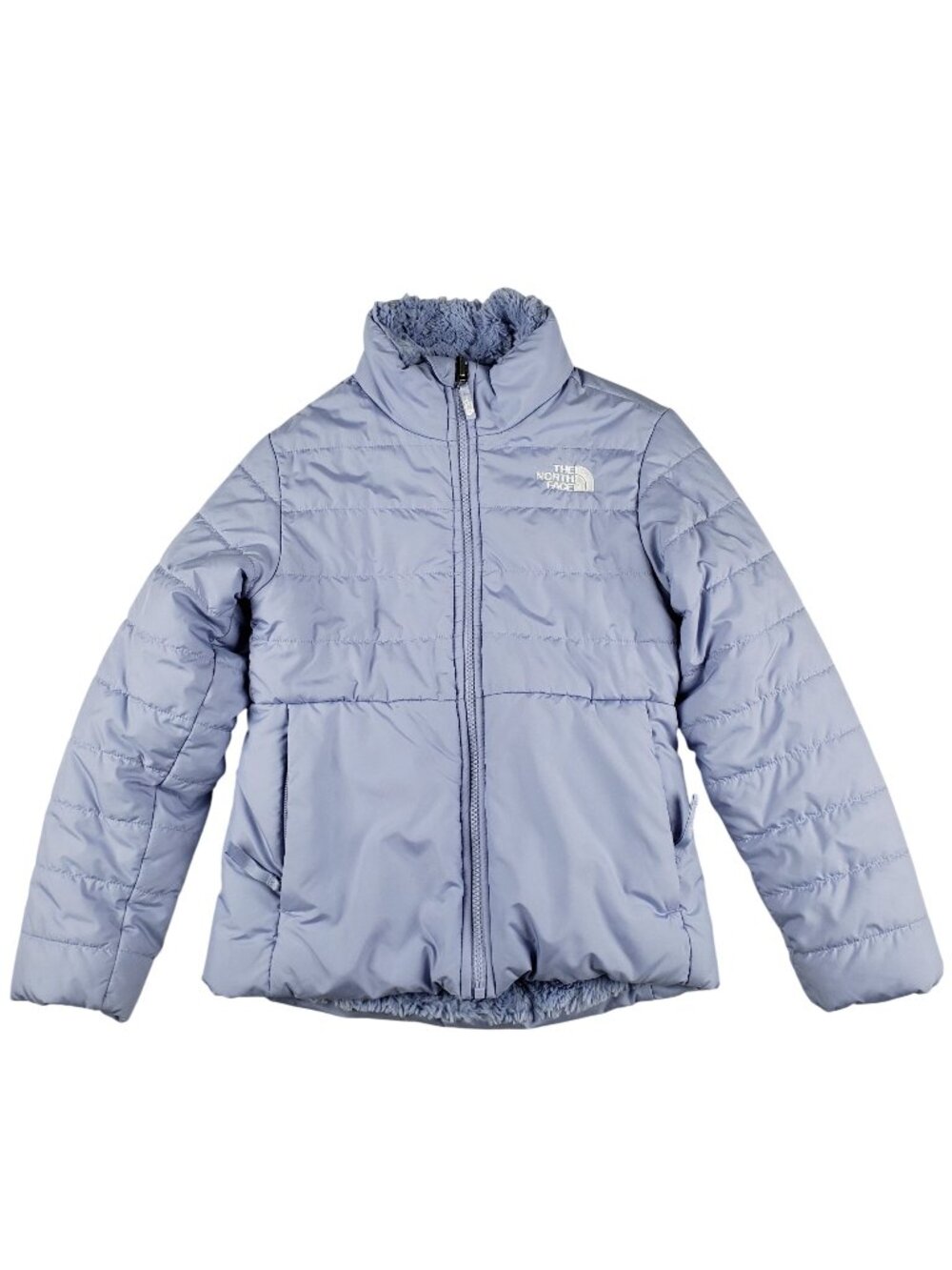 The North Face Reversible Puffer Jacket Girls Small 7-8 Sherpa Lined Purple EUC